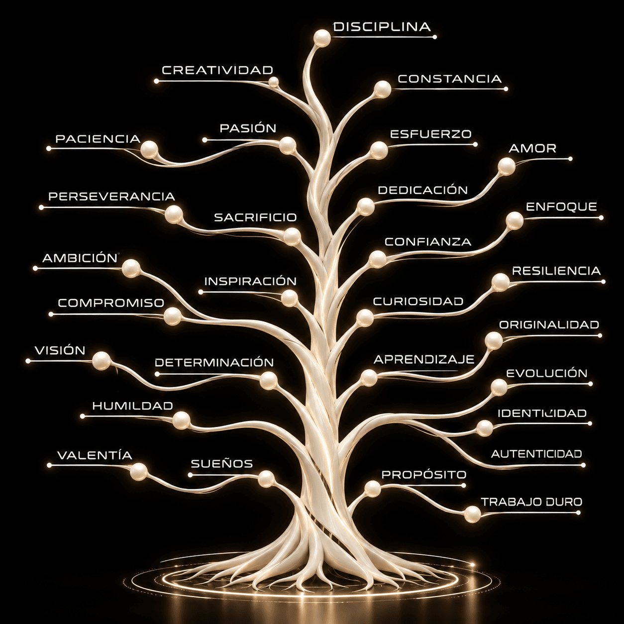 Árbol cuyas ramas llevan valores: Disciplina, Creatividad, Constancia, Pasión, Paciencia, Esfuerzo, Amor, Perseverancia, Dedicación, Sacrificio, Enfoque, Confianza, Ambición, Inspiración, Resiliencia, Compromiso, Curiosidad, Originalidad, Visión, Determinación, Aprendizaje, Evolución, Humildad, Identidad, Autenticidad, Valentía, Sueños, Propósito, Trabajo duro